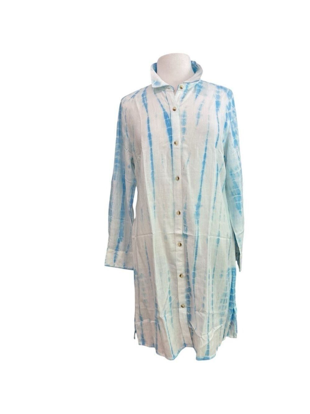 Hatley NWT shirt dress long sleeves tencel button white blue convertible sleeves